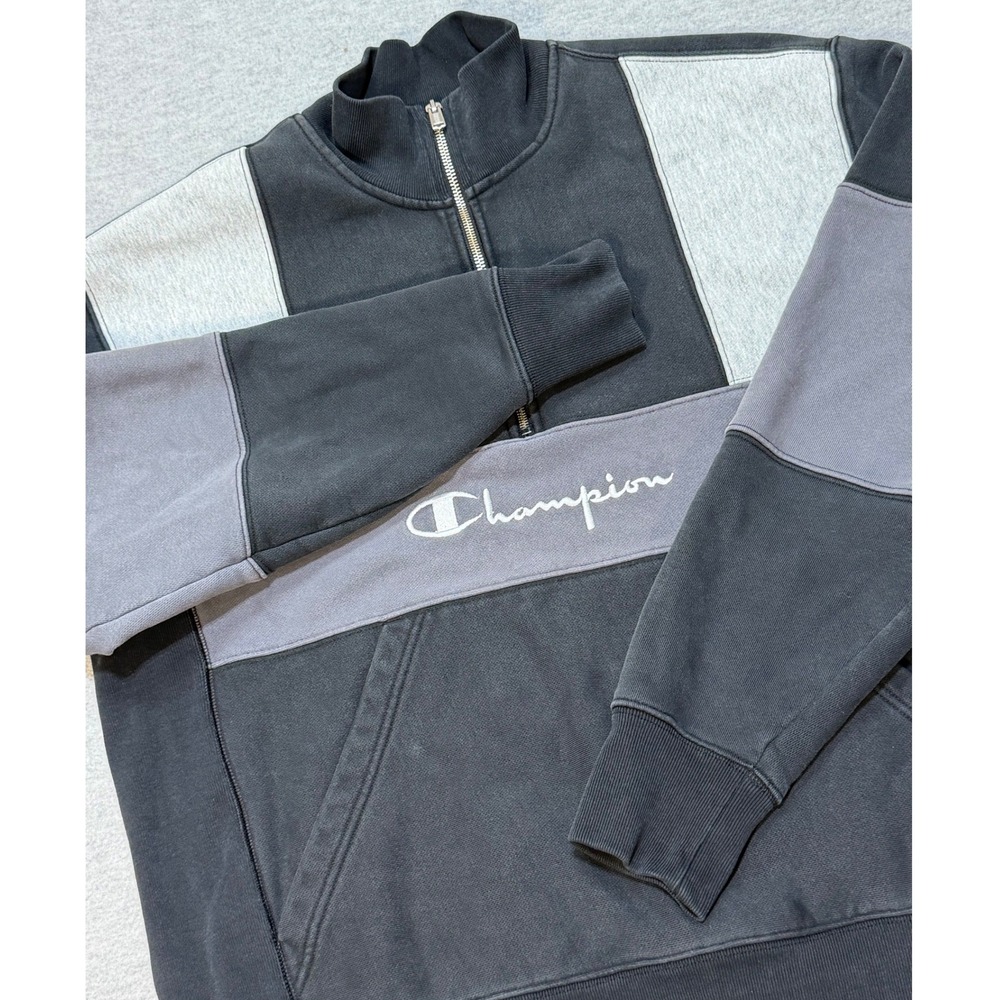Champion Reverse Weave Quarter Zip Sweatshirt Mens Large Black Grey Colorblock